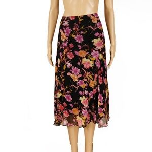 Vintage 90s Y2K Black Pink Floral Frilly Silk Stretch Waist Midi Skirt